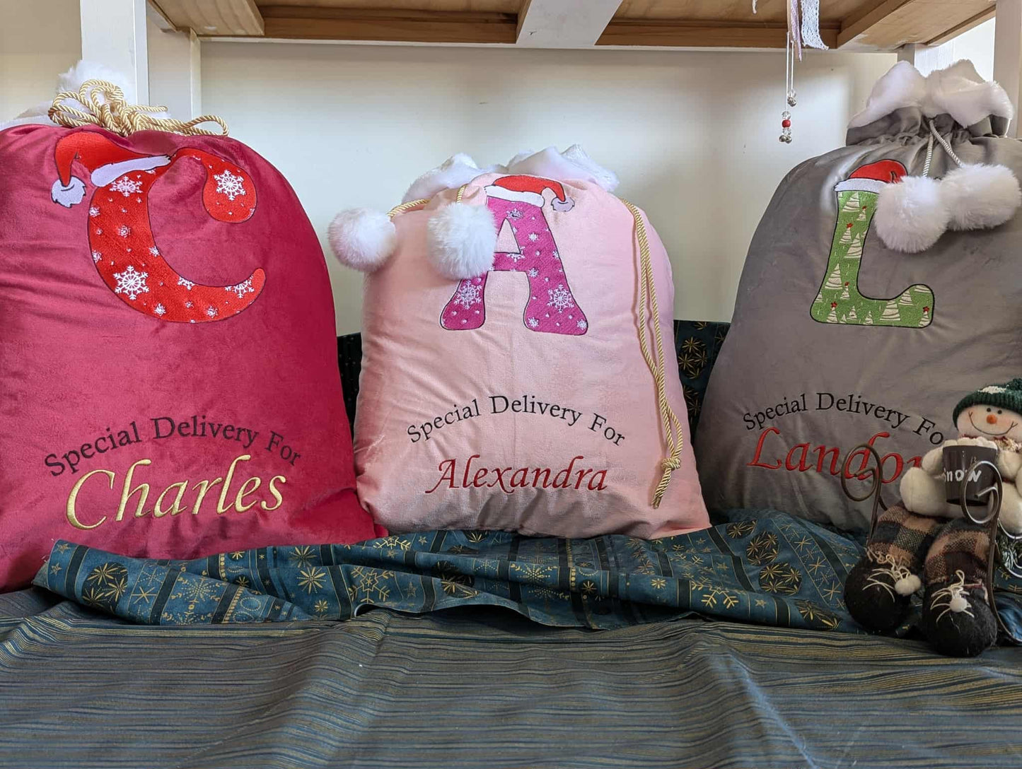 Velvet Santa Sack with Fluffy Trim & Pom Poms