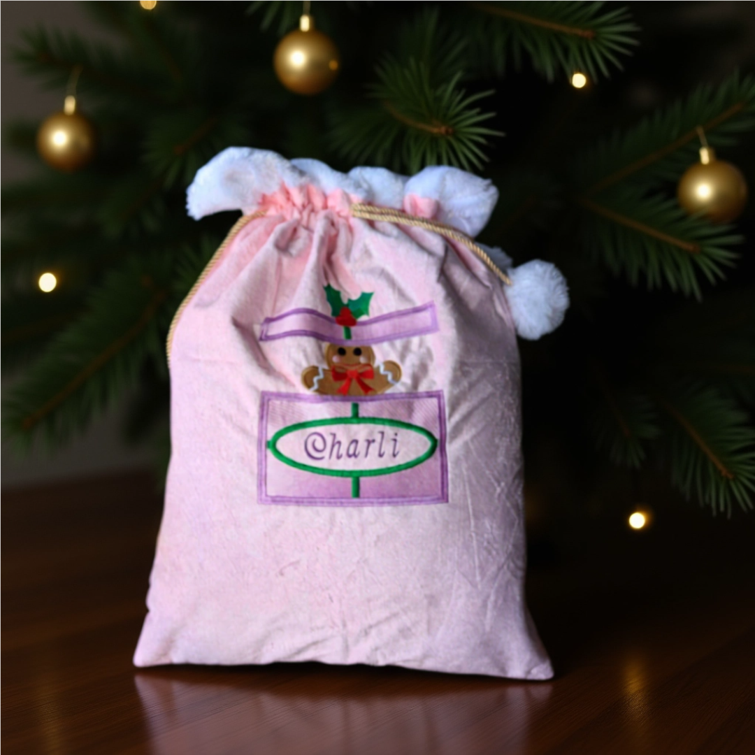Velvet Santa Sack with Fluffy Trim & Pom Poms