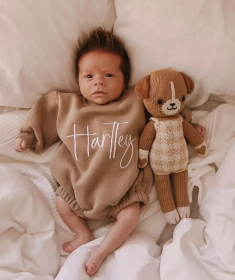 Brown Custom Embroidered Baby Winter Bubble Romper