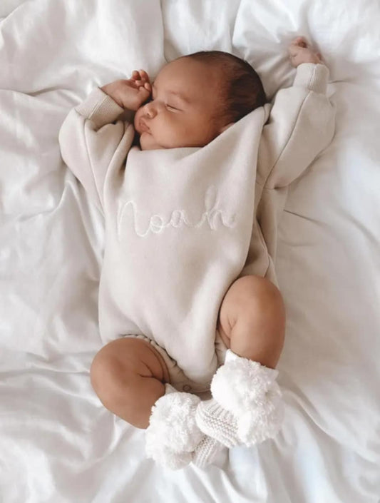 Natural Custom Embroidered Baby Winter Bubble Romper