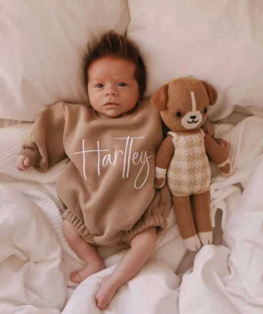Brown Custom Embroidered Baby Winter Bubble Romper